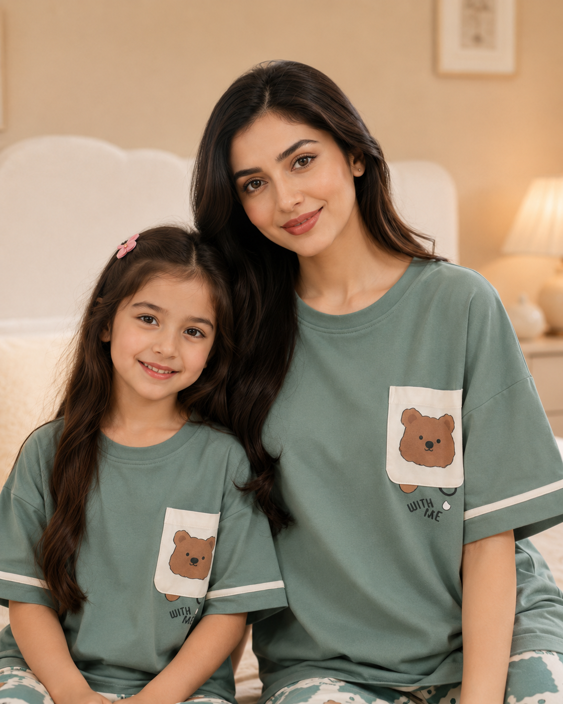 Mom & Daughter Matching Cotton Night Suit – Green panda