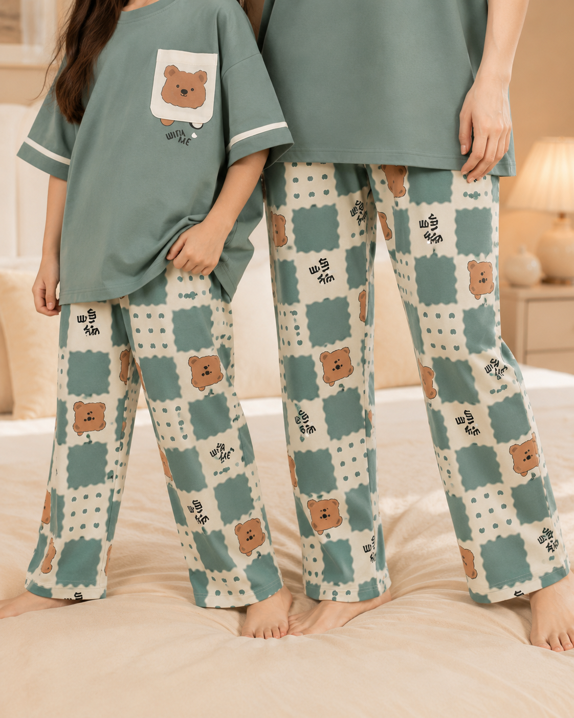 Mom & Daughter Matching Cotton Night Suit – Green panda