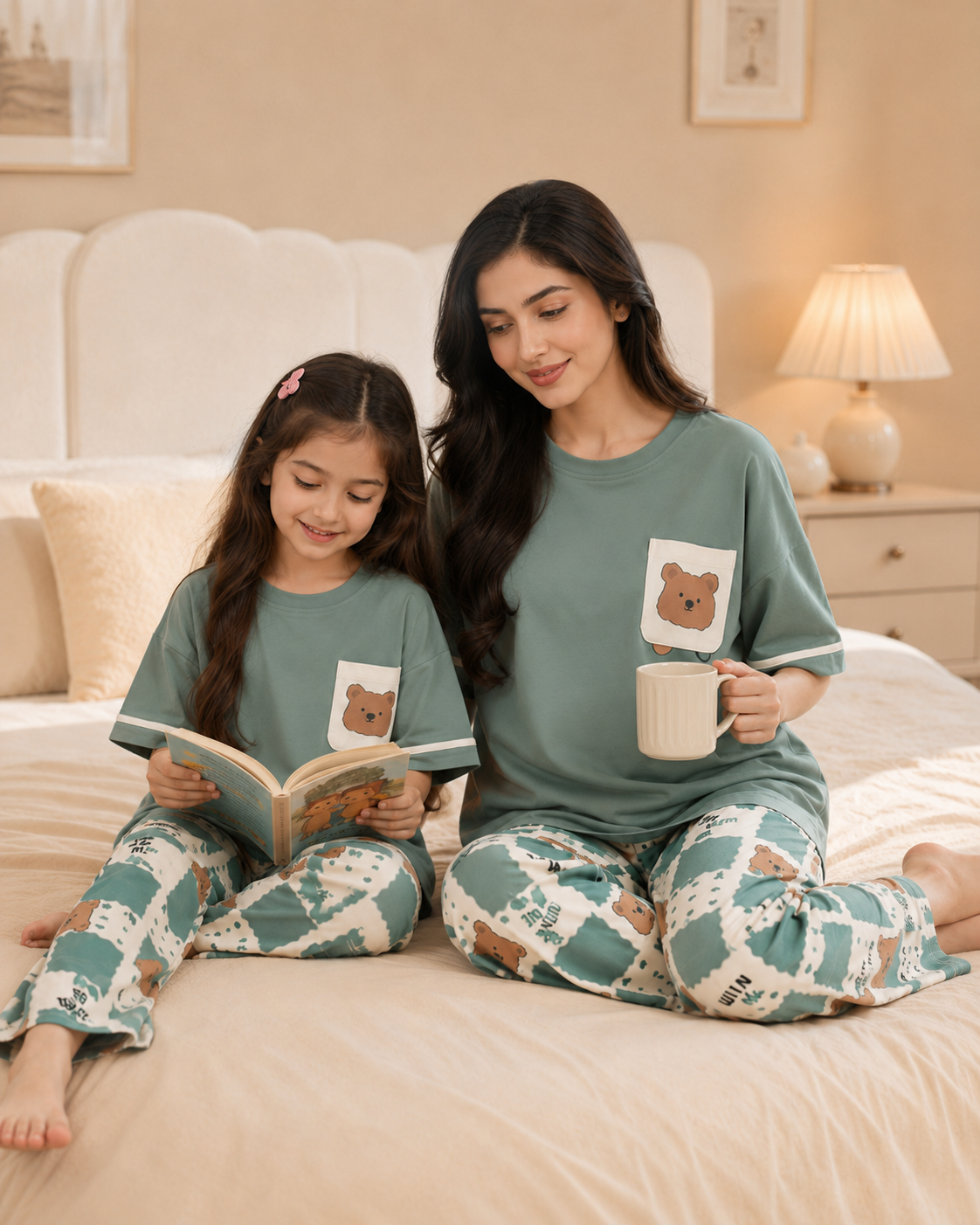 Mom & Daughter Matching Cotton Night Suit – Green panda