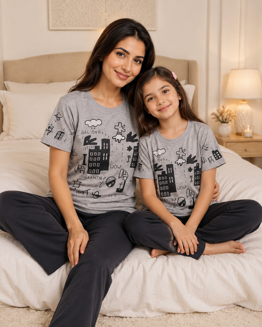 Mom & Daughter Matching Cotton Night Suit – Grey planet