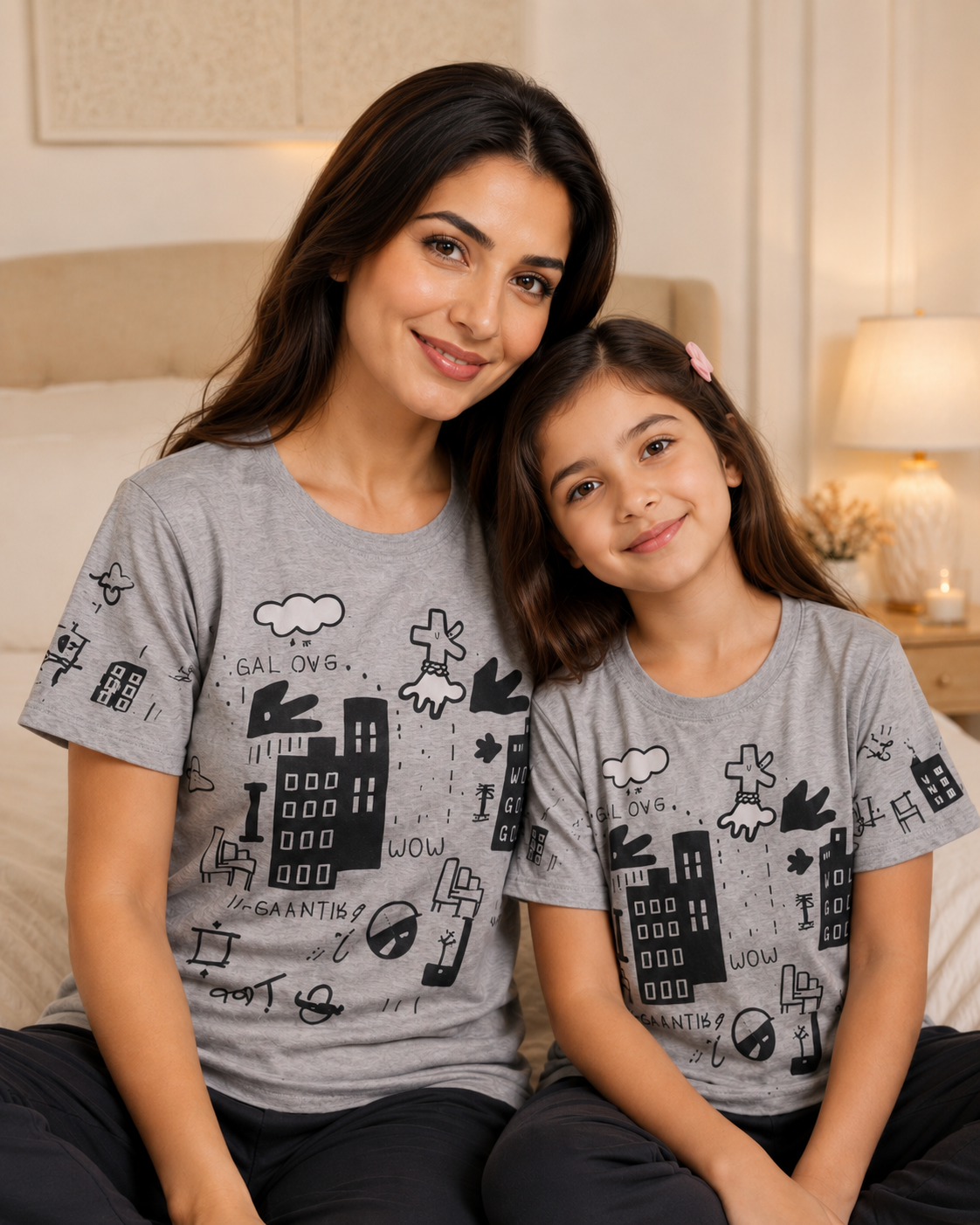 Mom & Daughter Matching Cotton Night Suit – Grey planet