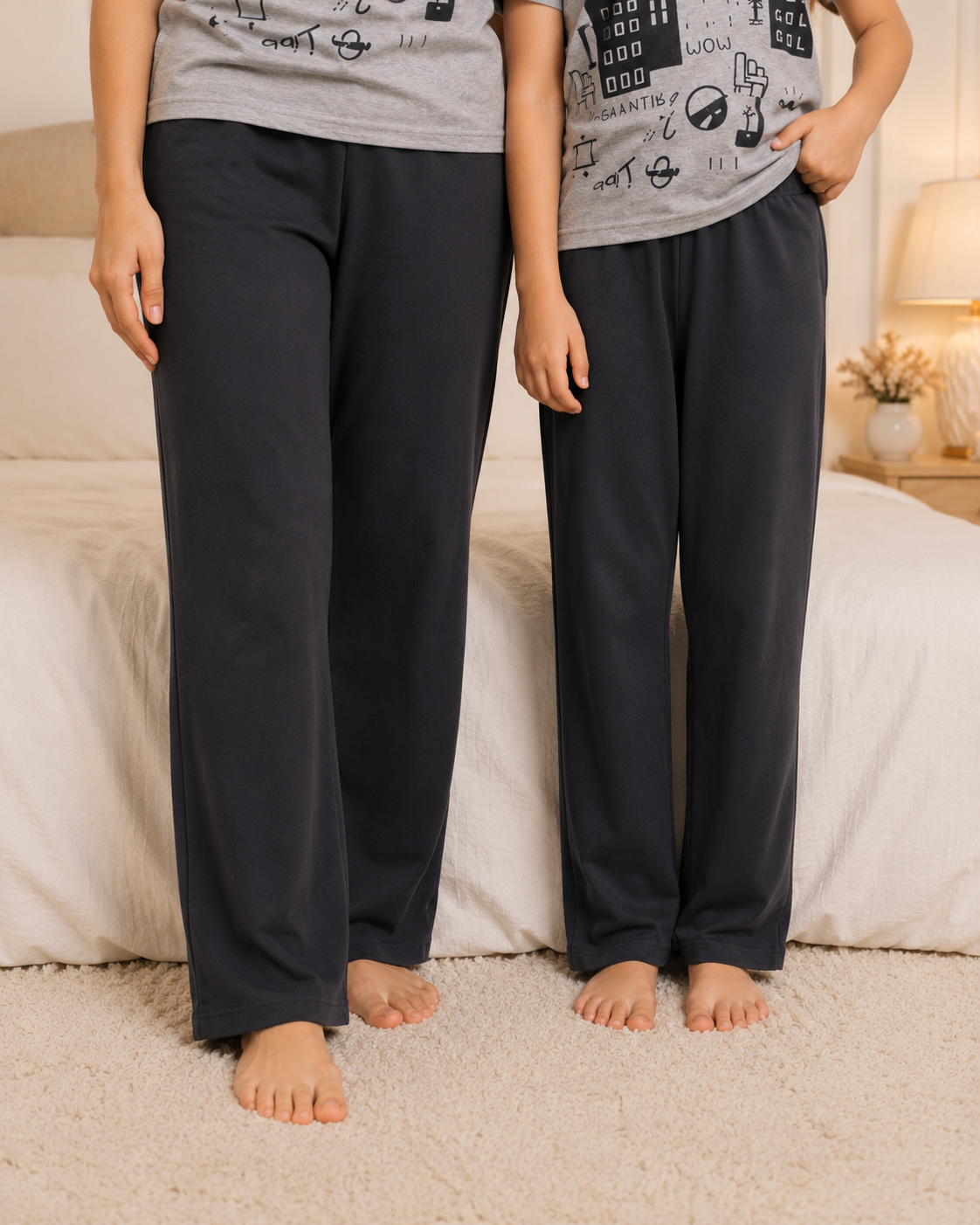Mom & Daughter Matching Cotton Night Suit – Grey planet