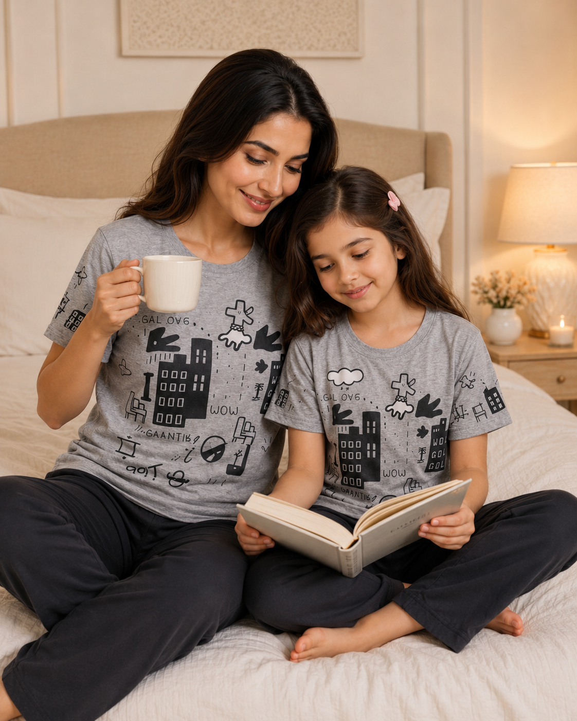 Mom & Daughter Matching Cotton Night Suit – Grey planet
