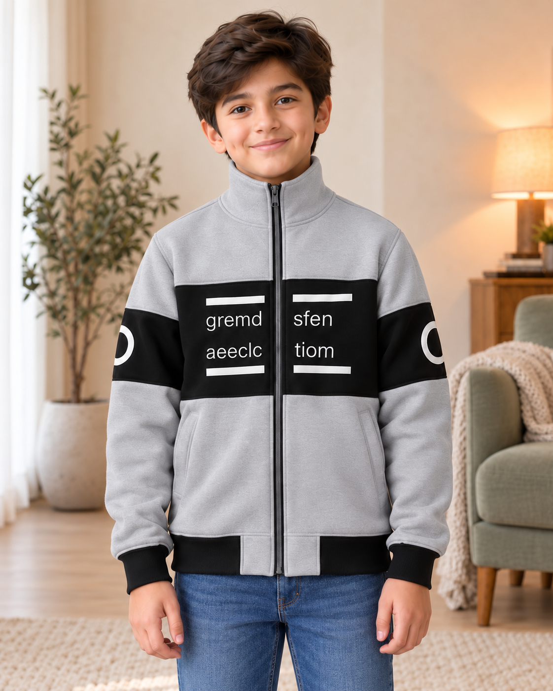Kids Grey & Black Graphic Zip-Up Jacket, front