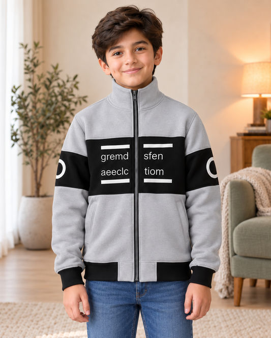 Kids Grey & Black Graphic Zip-Up Jacket, front