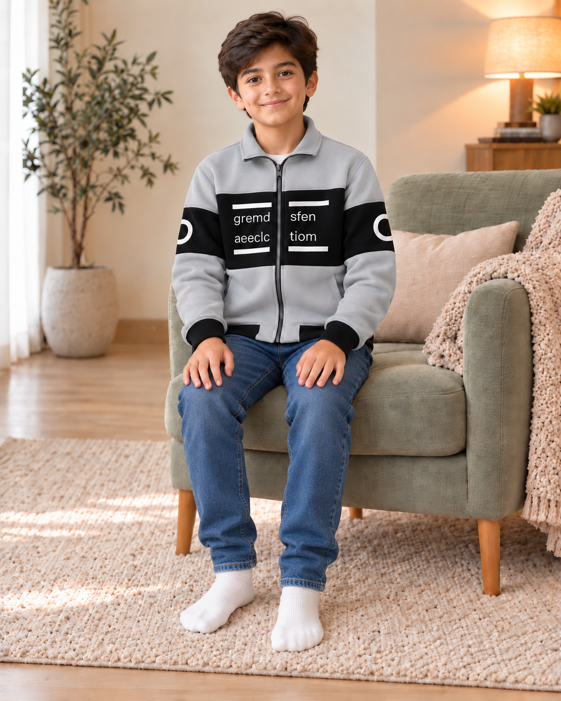 Kids Grey & Black Graphic Zip-Up Jacket, sitting
