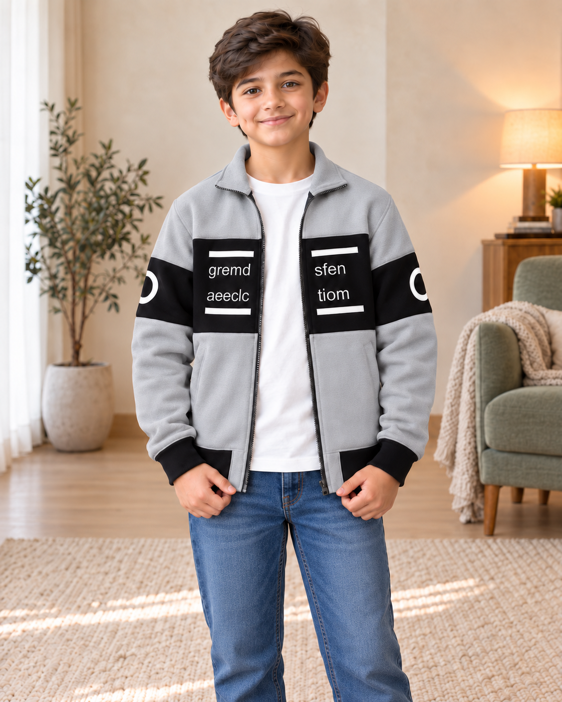 Kids Grey & Black Graphic Zip-Up Jacket, open zip