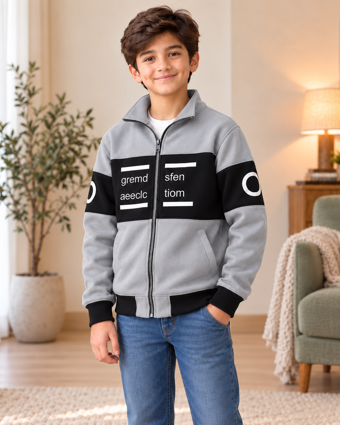 Kids Grey & Black Graphic Zip-Up Jacket, three-quarter