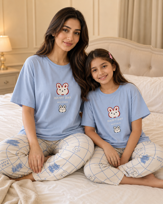 Mom & Daughter Matching Cotton Night Suit – Happy Day