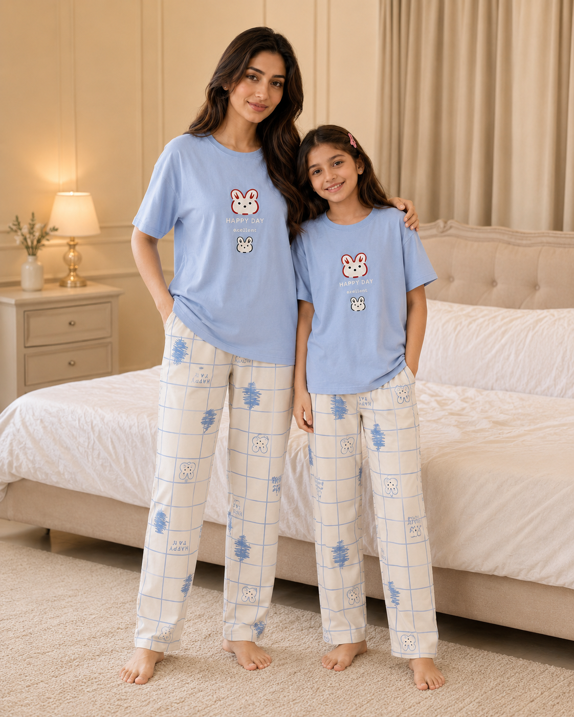 Mom & Daughter Matching Cotton Night Suit – Happy Day