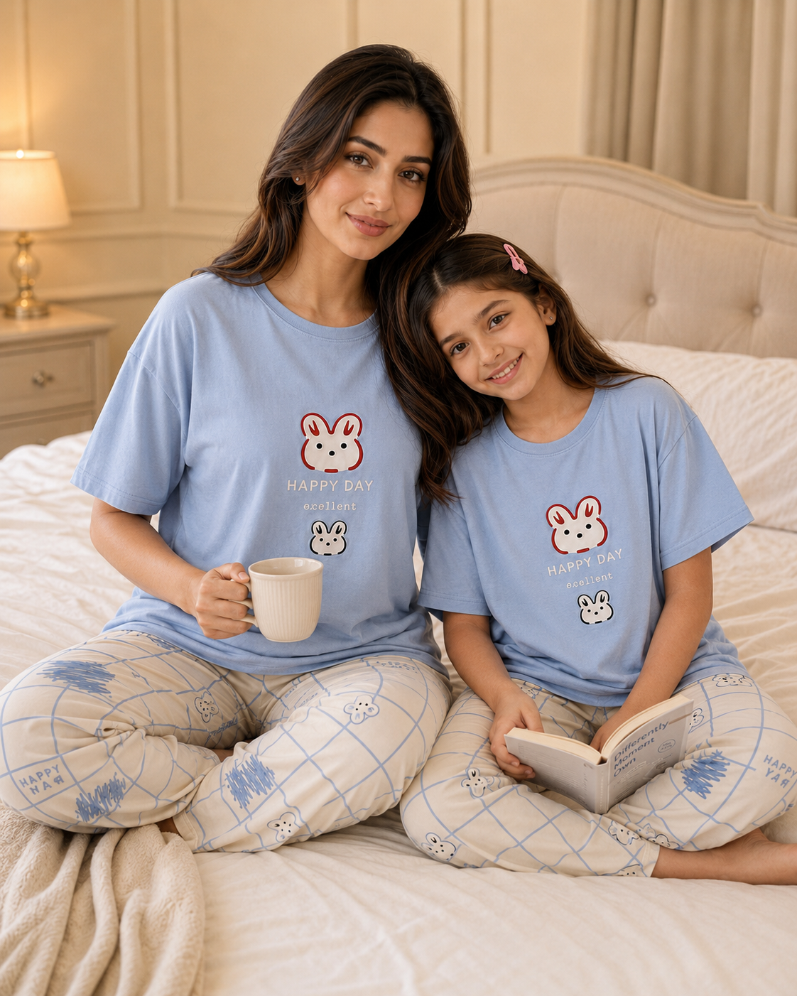 Mom & Daughter Matching Cotton Night Suit – Happy Day