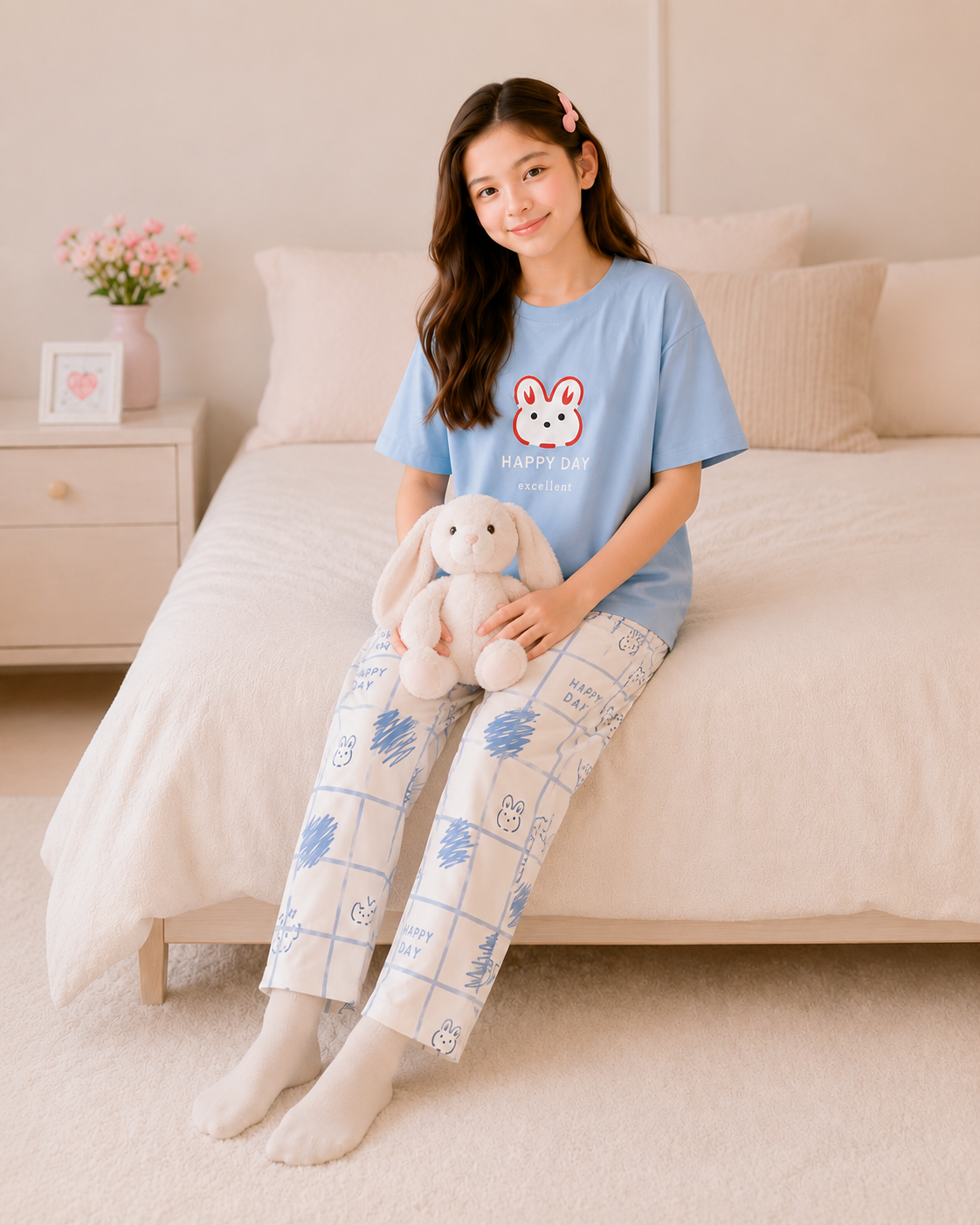 Happy day Printed Black T-shirt and red pajama