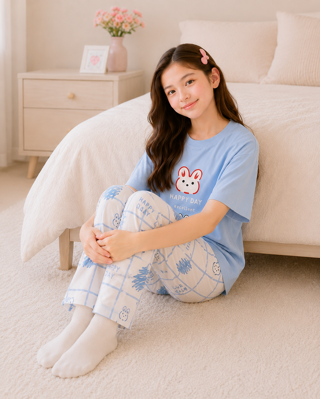 Happy day Printed Black T-shirt and red pajama