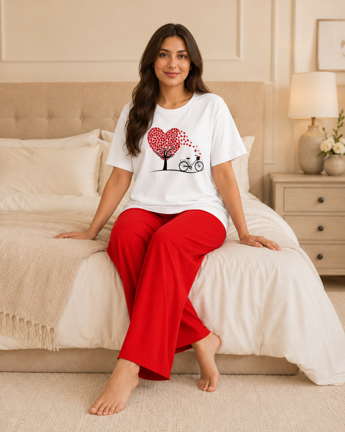 Heart Cycle Printed White T-shirt and Red Pajama Night Suit
