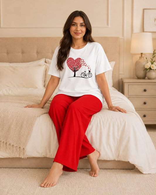Heart Cycle Printed White T-shirt and Red Pajama Night Suit