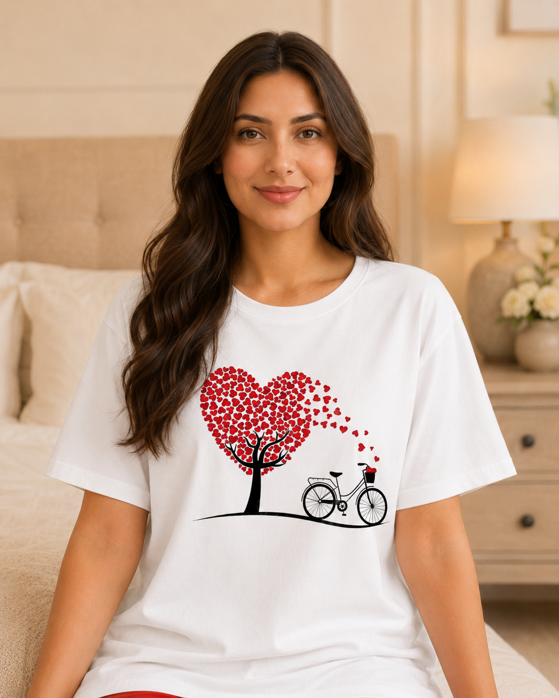 Heart Cycle Printed White T-shirt and Red Pajama Night Suit