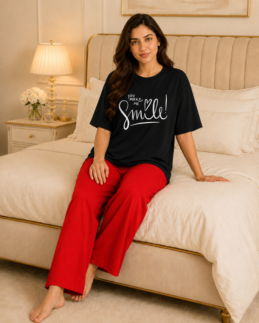 Make Me Smile Printed Black T-shirt and Red Pajama Night Suit