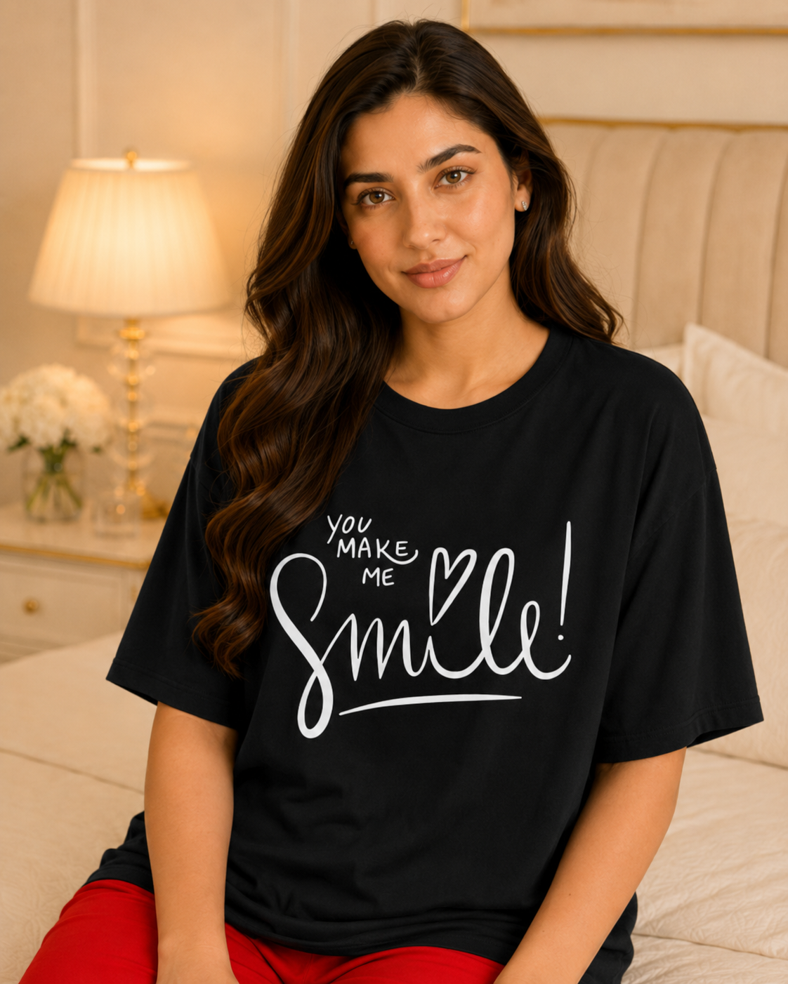 Make Me Smile Printed Black T-shirt and Red Pajama Night Suit