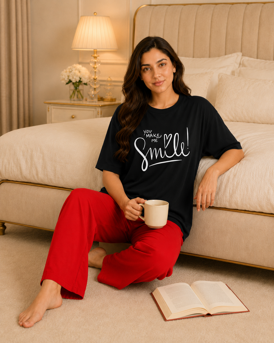 Make Me Smile Printed Black T-shirt and Red Pajama Night Suit