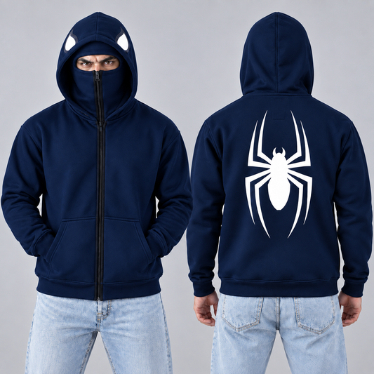 Navy balaclava Spider Back Print Fleece Hoodie