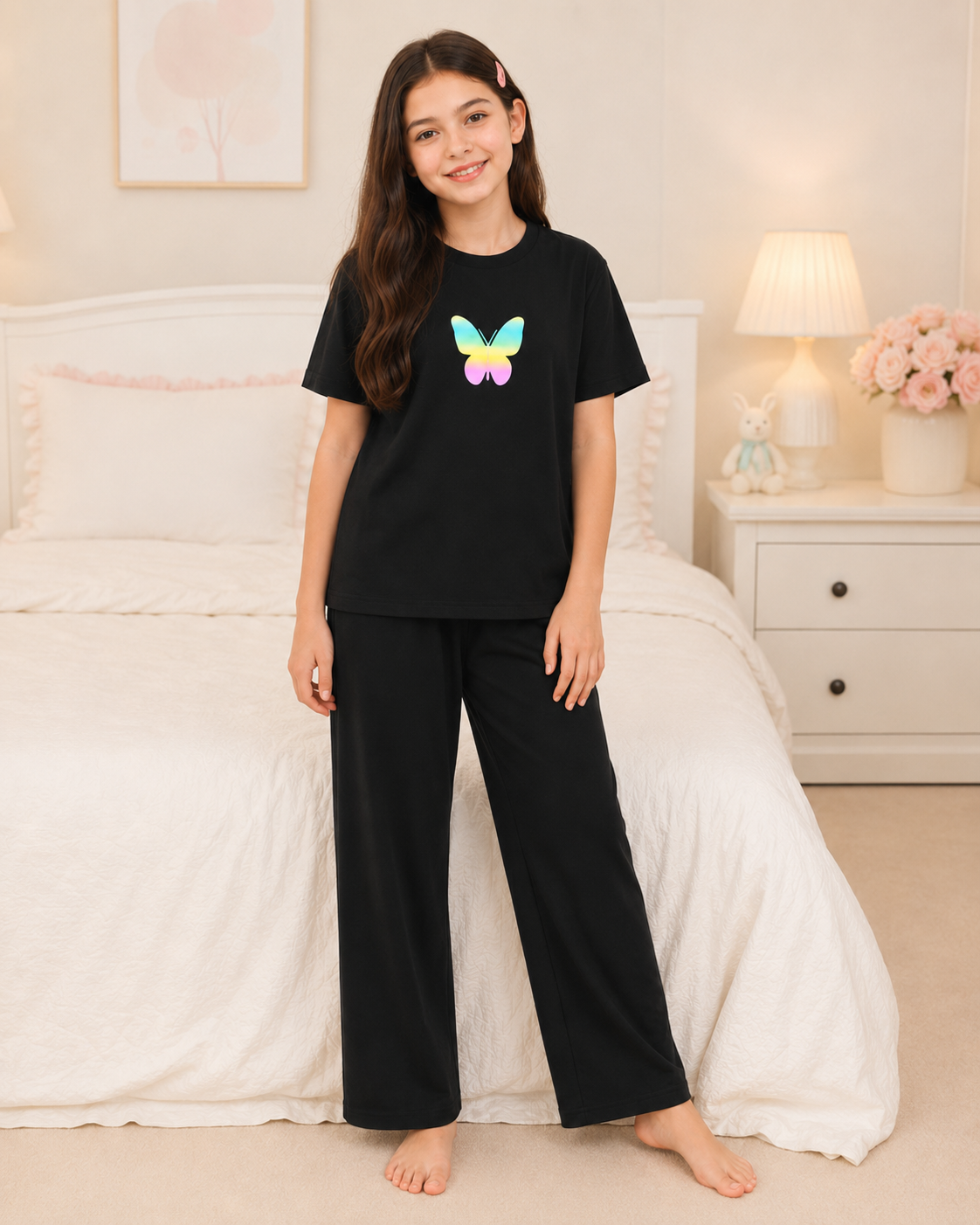 New Butterfly Printed Black T-shirt and Black pajama