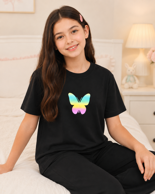 New Butterfly Printed Black T-shirt and Black pajama
