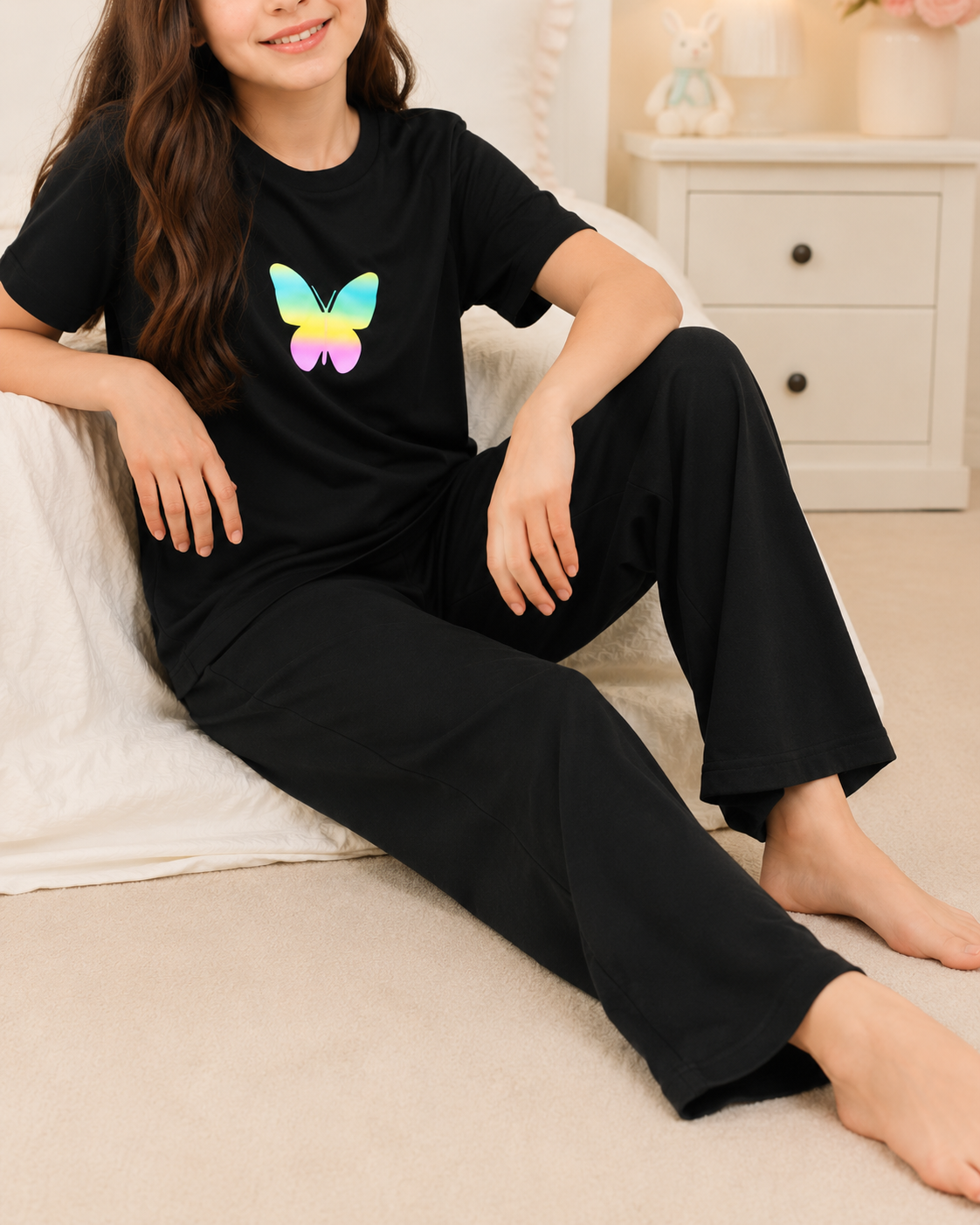 New Butterfly Printed Black T-shirt and Black pajama