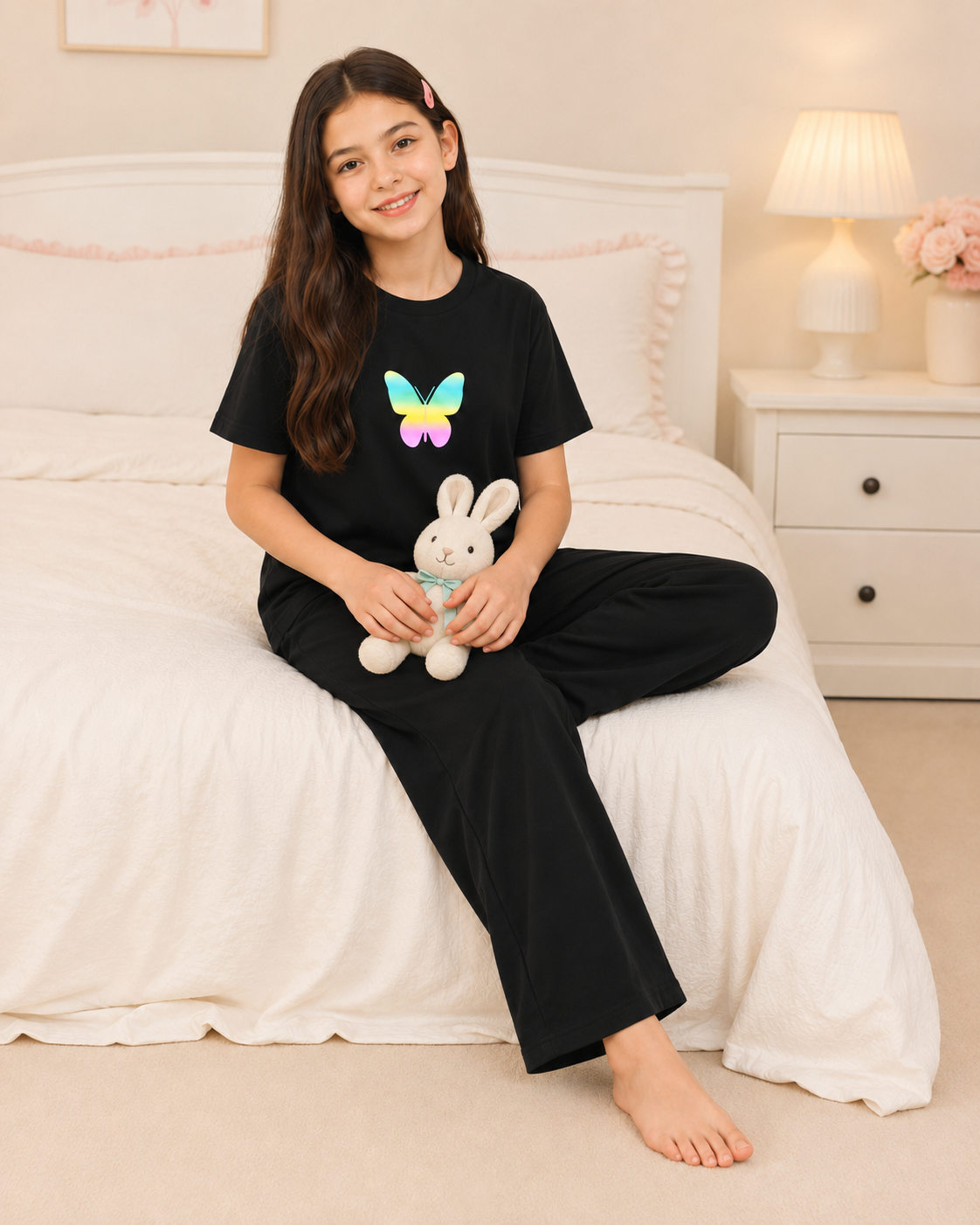 New Butterfly Printed Black T-shirt and Black pajama