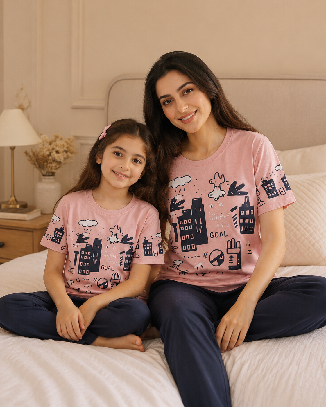 Mom & Daughter Matching Cotton Night Suit – pink planet