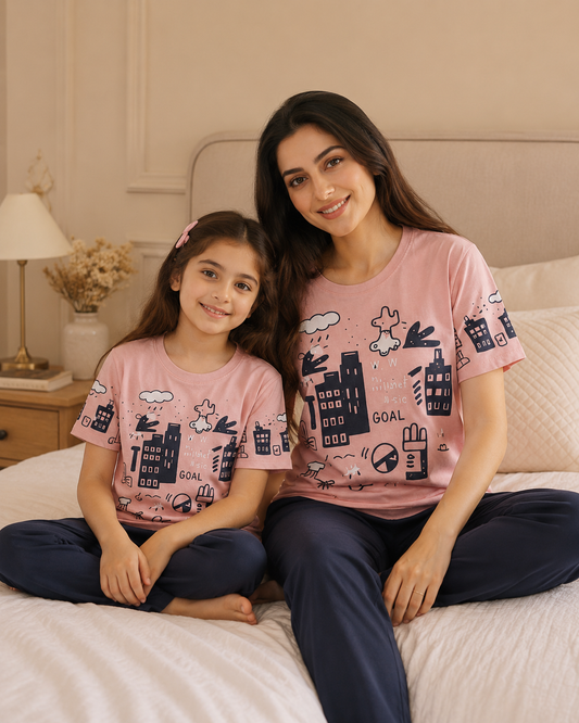 Mom & Daughter Matching Cotton Night Suit – pink planet