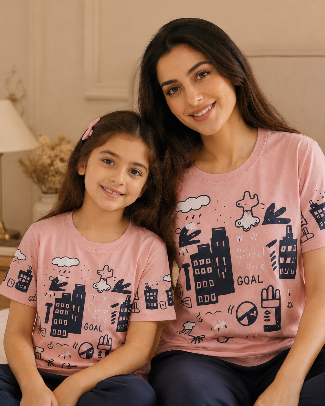 Mom & Daughter Matching Cotton Night Suit – pink planet
