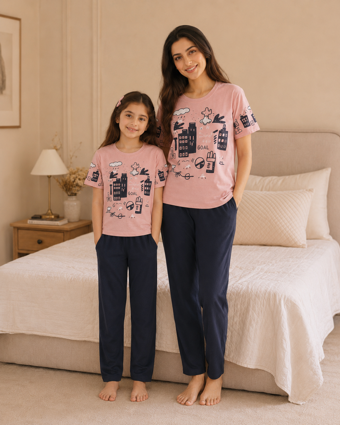 Mom & Daughter Matching Cotton Night Suit – pink planet
