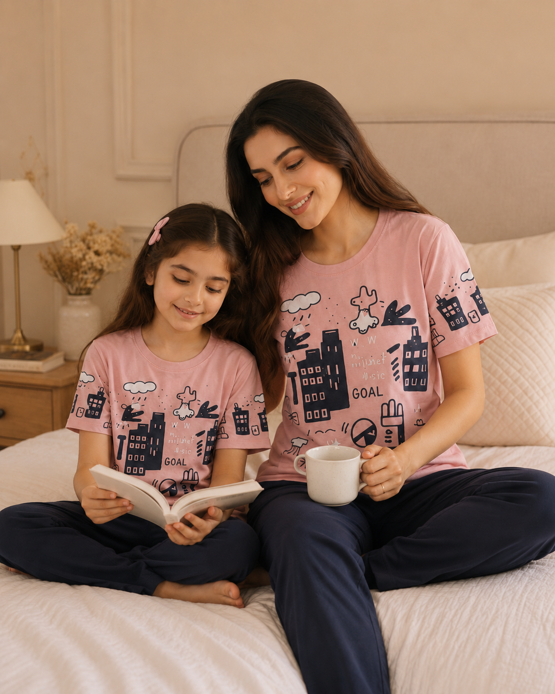 Mom & Daughter Matching Cotton Night Suit – pink planet
