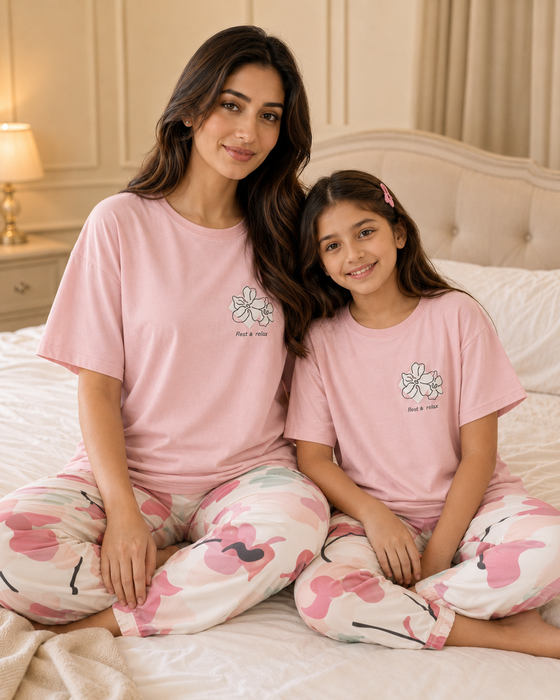 Mom & Daughter Matching Cotton Night Suit – Pink Bird