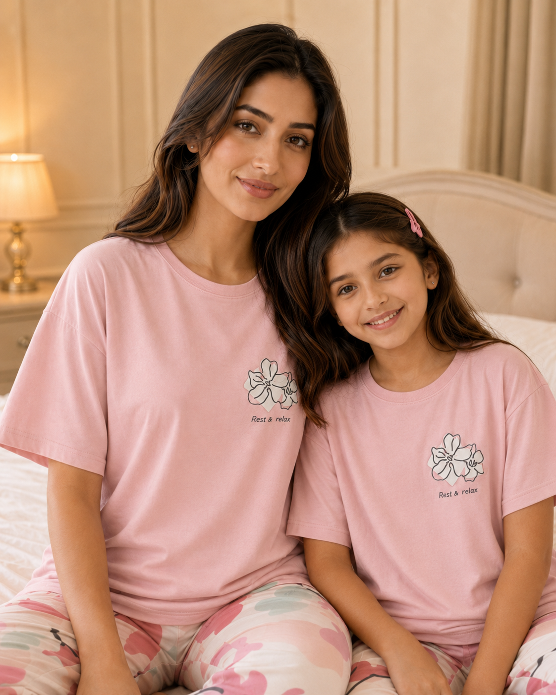 Mom & Daughter Matching Cotton Night Suit – Pink Bird