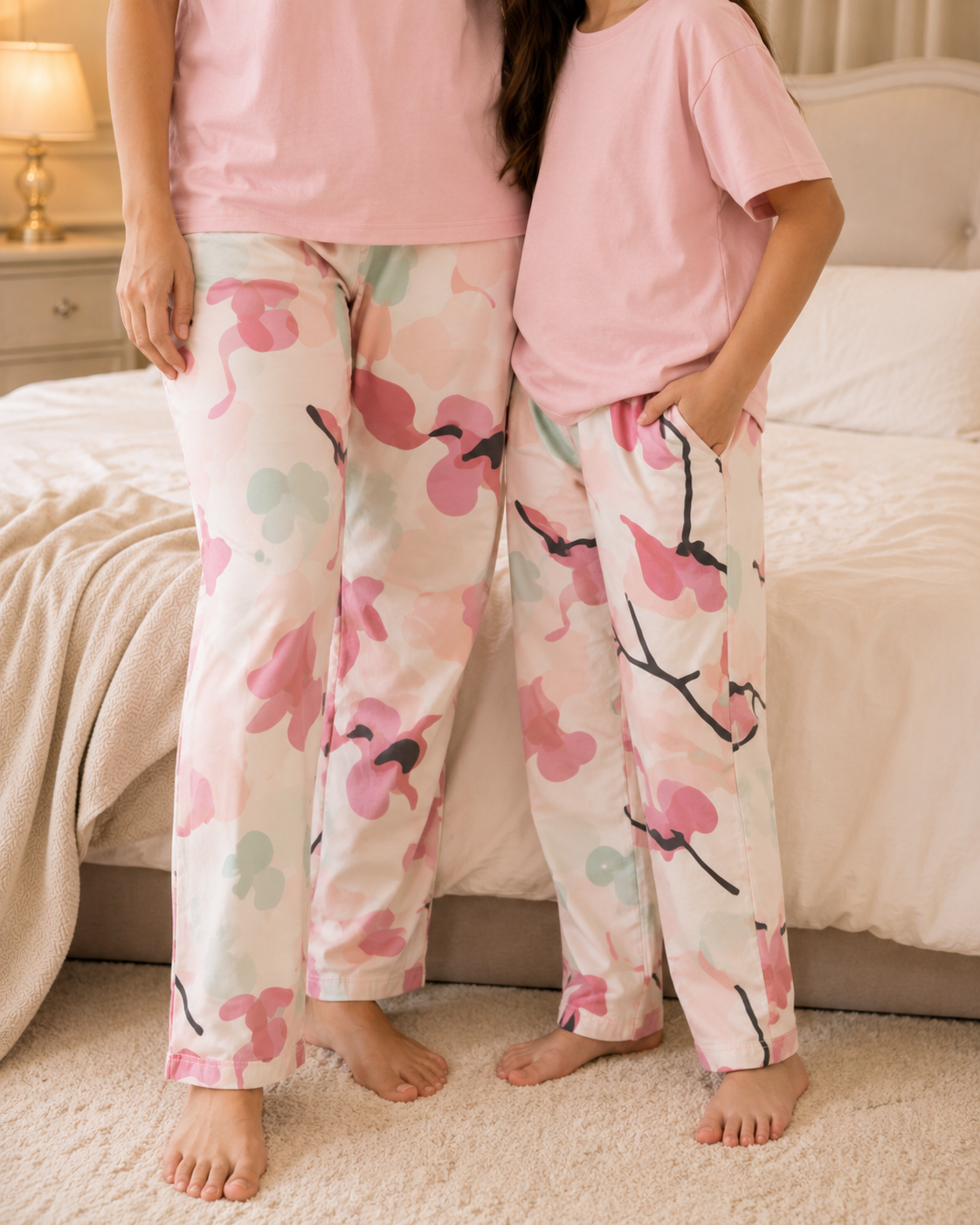 Mom & Daughter Matching Cotton Night Suit – Pink Bird