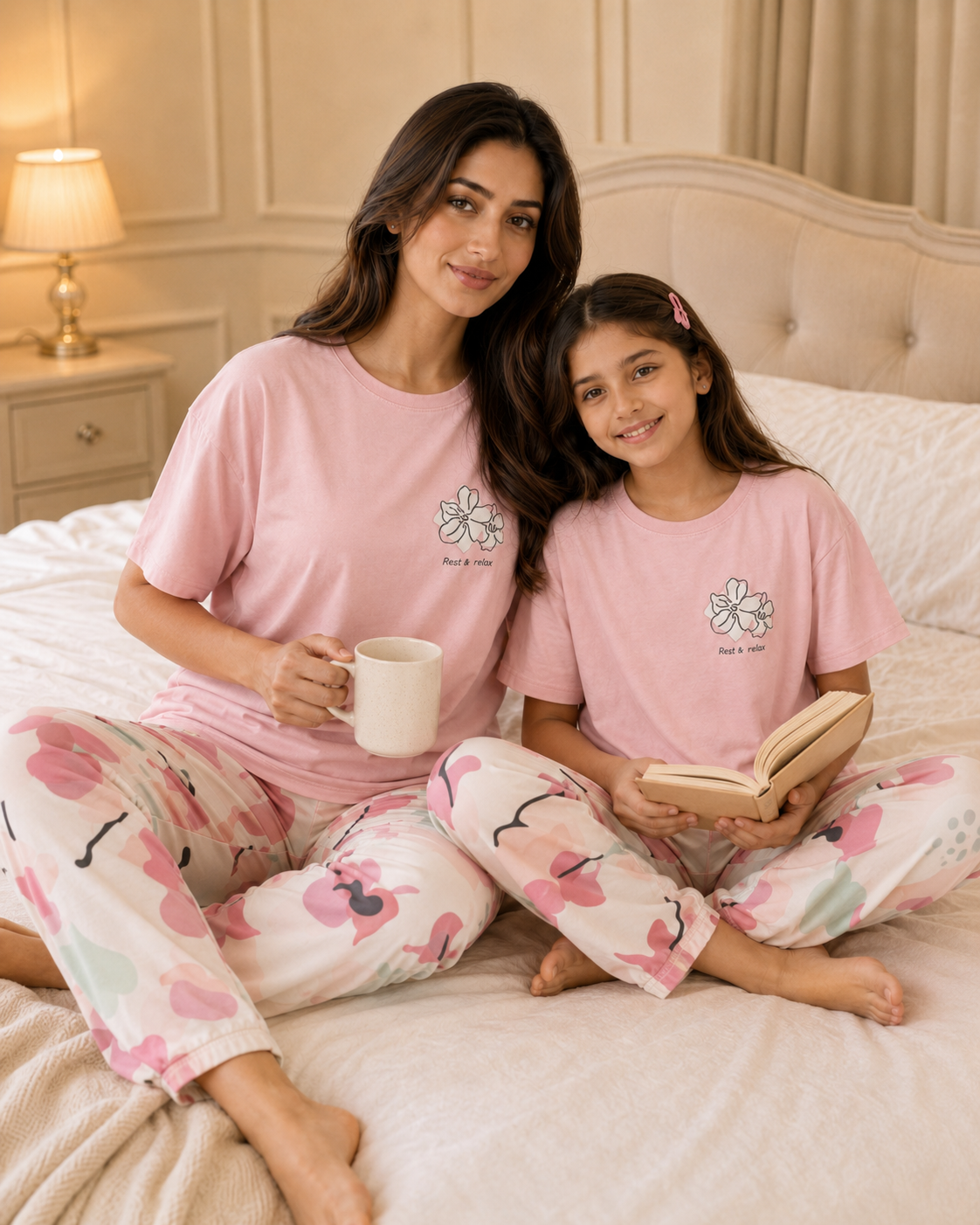 Mom & Daughter Matching Cotton Night Suit – Pink Bird