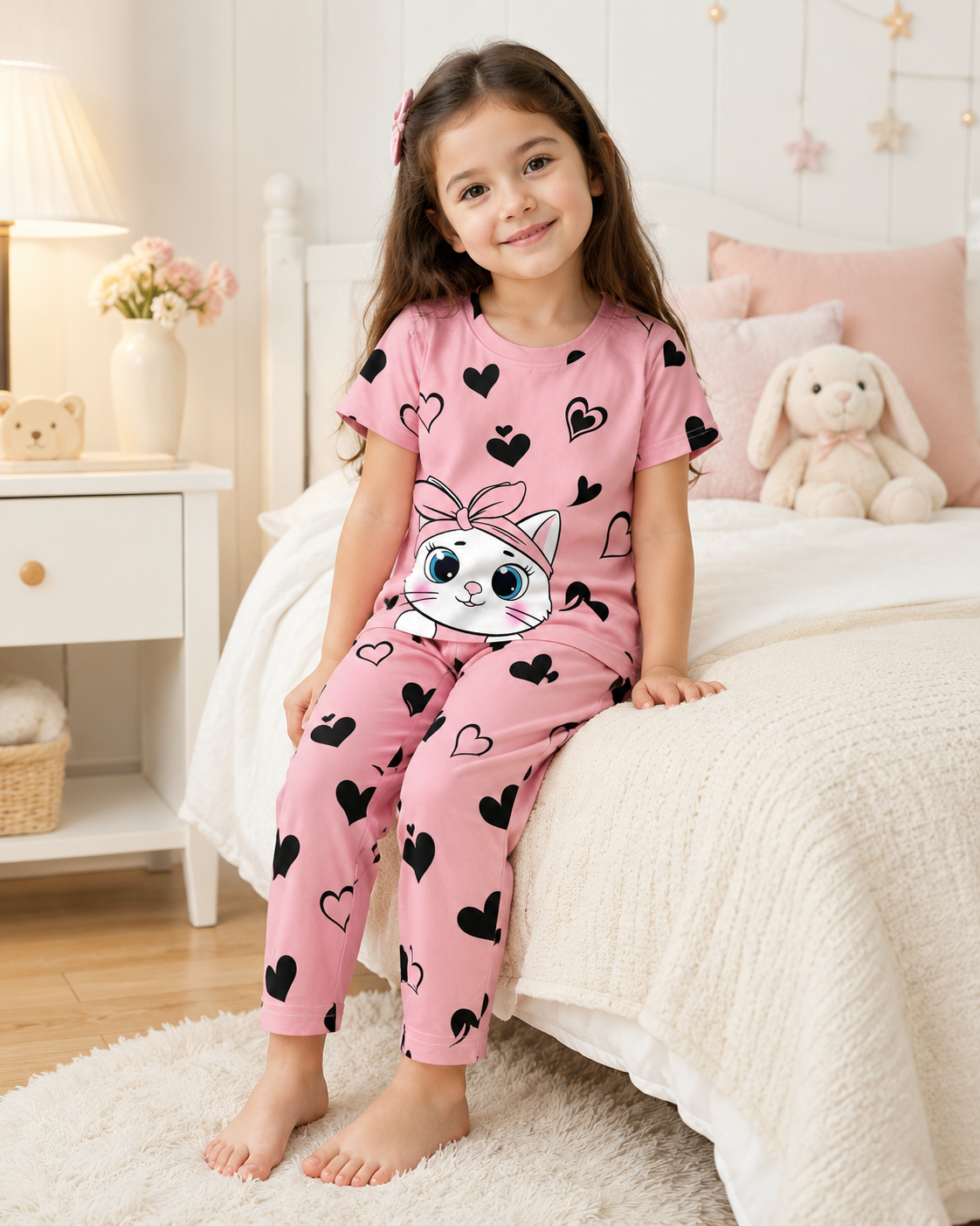 Pink Cute Printed Kids Nightwear