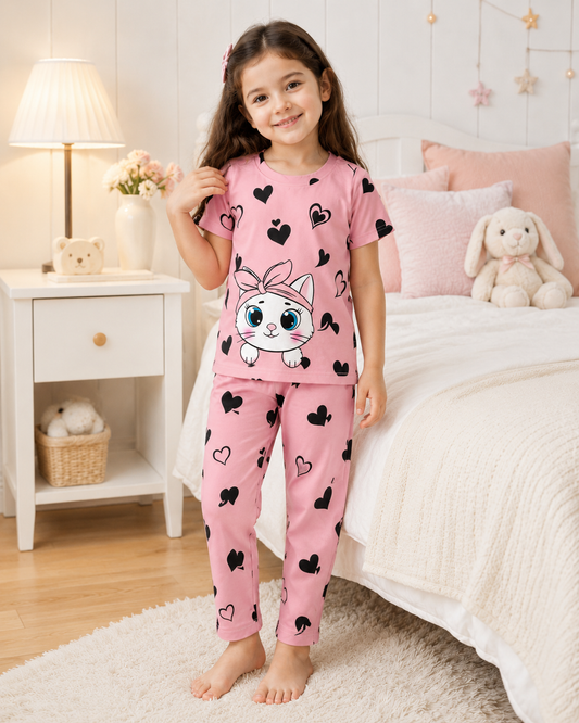 Pink Cute Printed Kids Nightwear