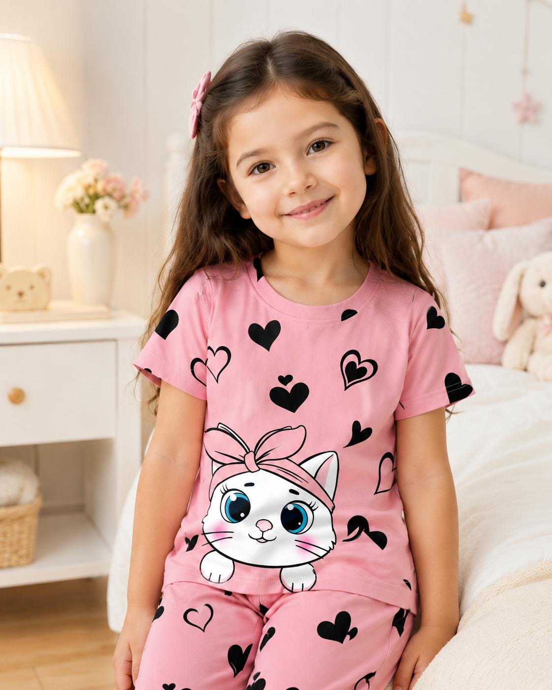 Pink Cute Printed Kids Nightwear