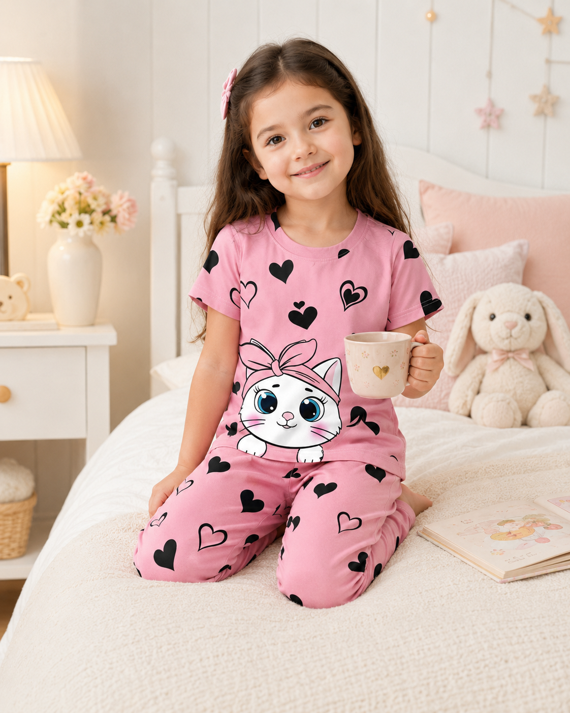 Pink Cute Printed Kids Nightwear