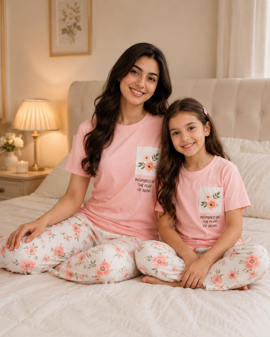 Mom & Daughter Matching Cotton Night Suit – Pink Pocket
