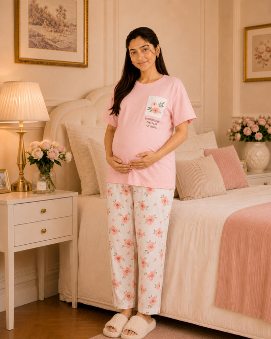 Pink Pocket Maternity Cotton Night Suit