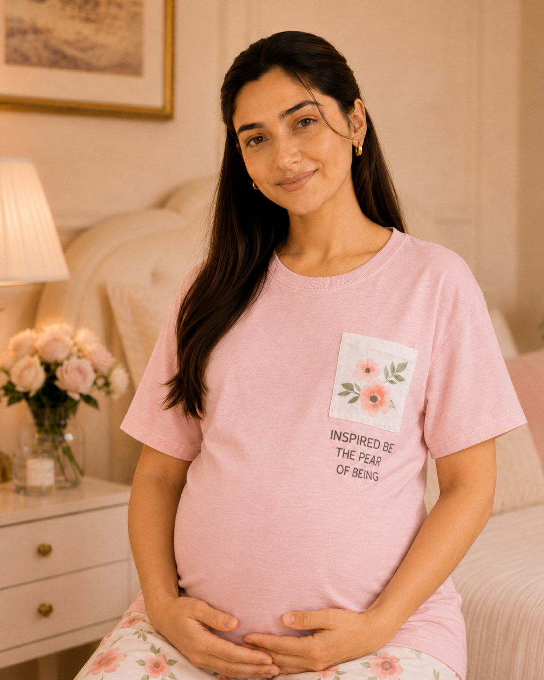 Pink Pocket Maternity Cotton Night Suit