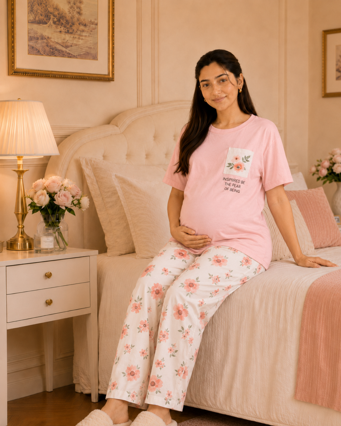 Pink Pocket Maternity Cotton Night Suit