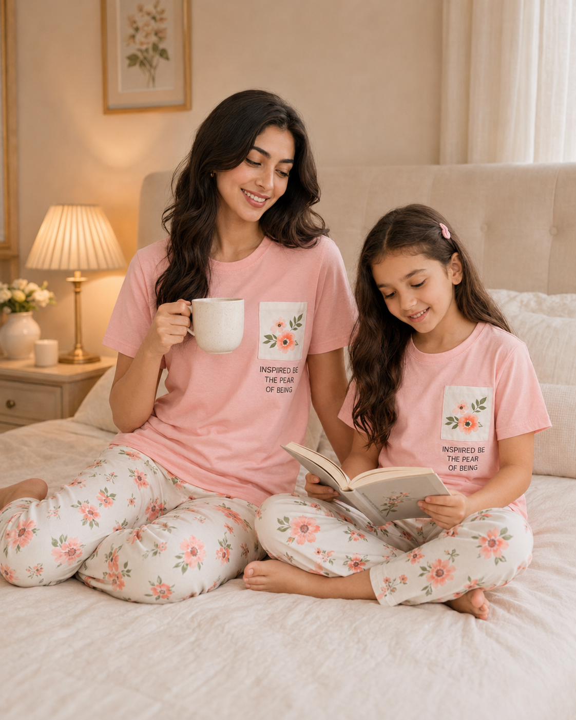Mom & Daughter Matching Cotton Night Suit – Pink Pocket