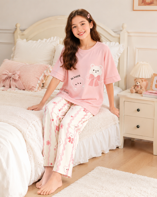 Pink panda printed night suit for girls