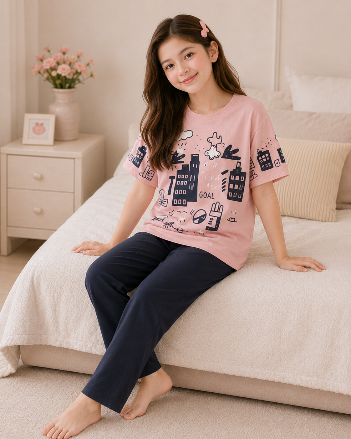 Pink Planet Printed Pink T-shirt and Black  pajama