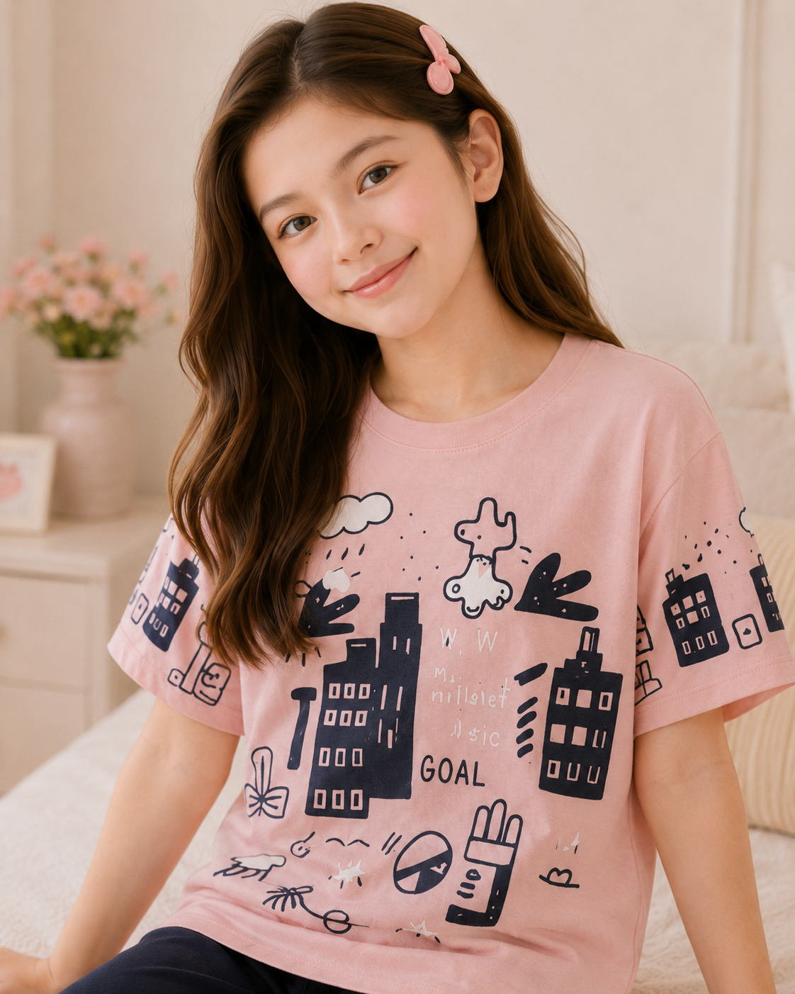 Pink Planet Printed Pink T-shirt and Black  pajama