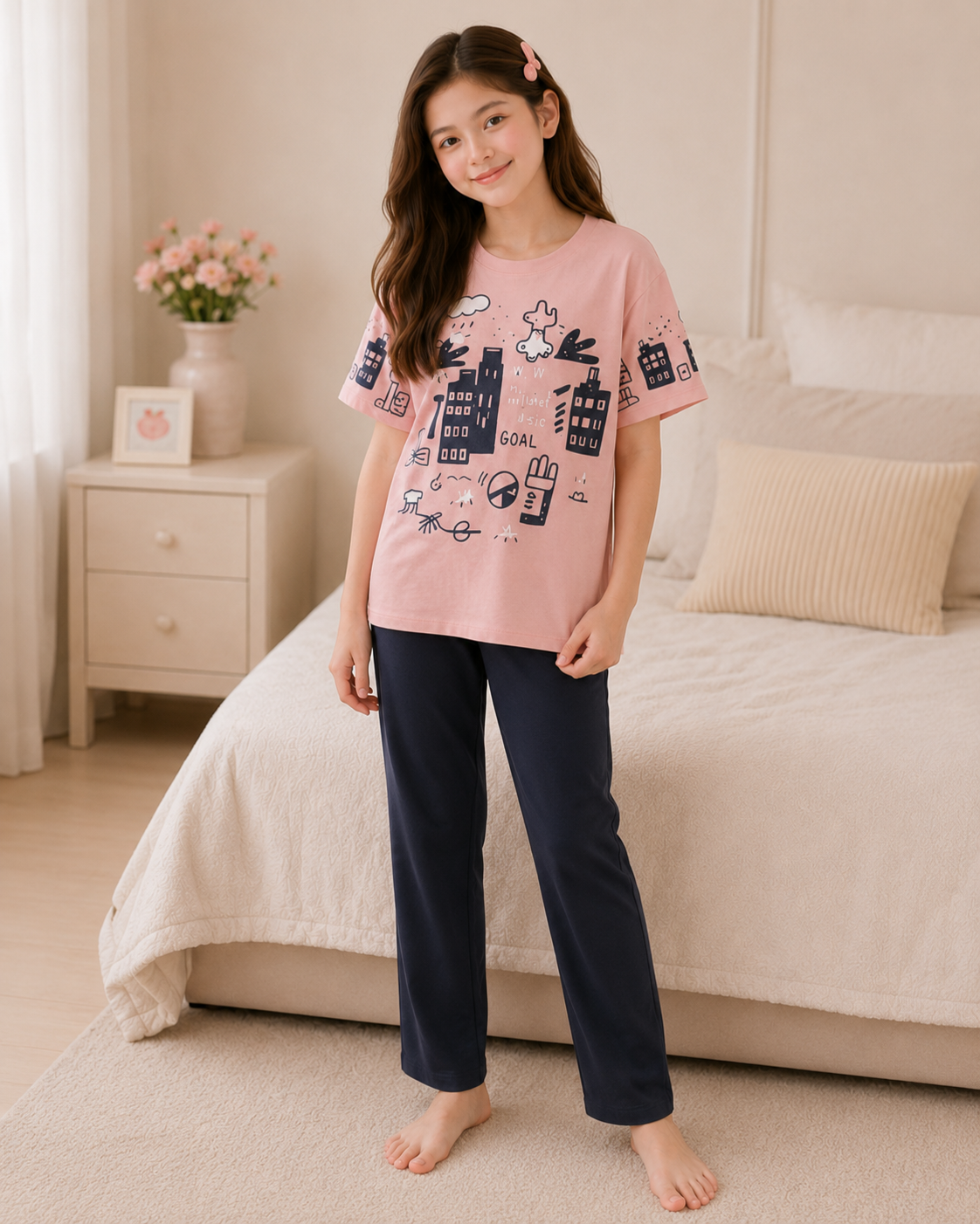 Pink Planet Printed Pink T-shirt and Black  pajama